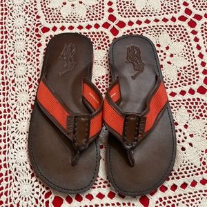 Polo mens size 7 Sullivan Flip Flops NWOT brown leather with orange strap